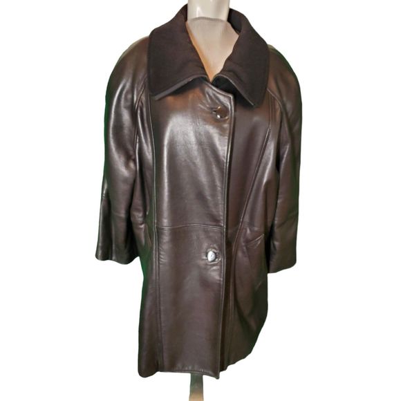 Jane Adams Riviera Styles Vintage Black Leather Wool Cashmere Coat Jacket Sz L - Picture 1 of 9